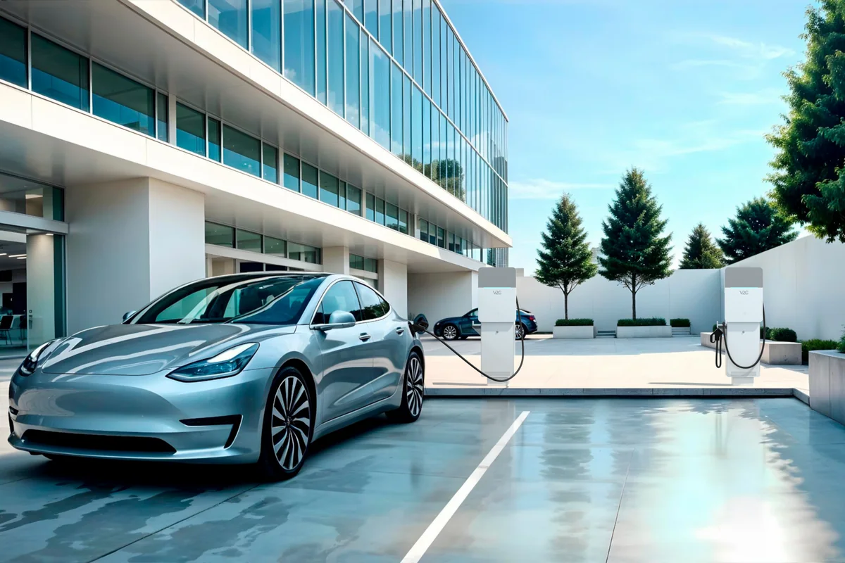 Voiture électrique en charge sur une borne de recharge, parking d'entreprise